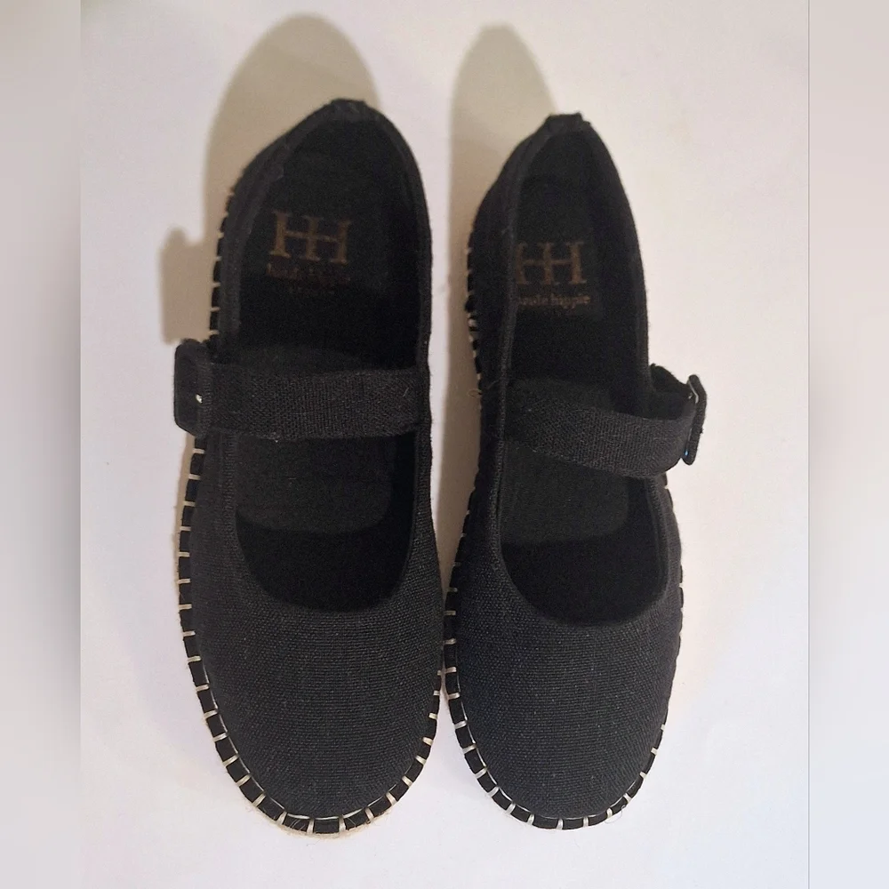 Haute Hippie Cecily Mary Jane Espadrille Shoes Black Canvas Sz 8.5 Boho Festival